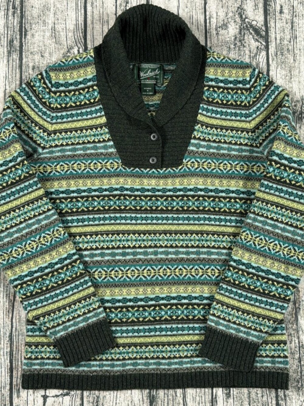 Woolrich Fair Isle Lambswool Sweater Shawl Collar Button Up Womens M Gray
